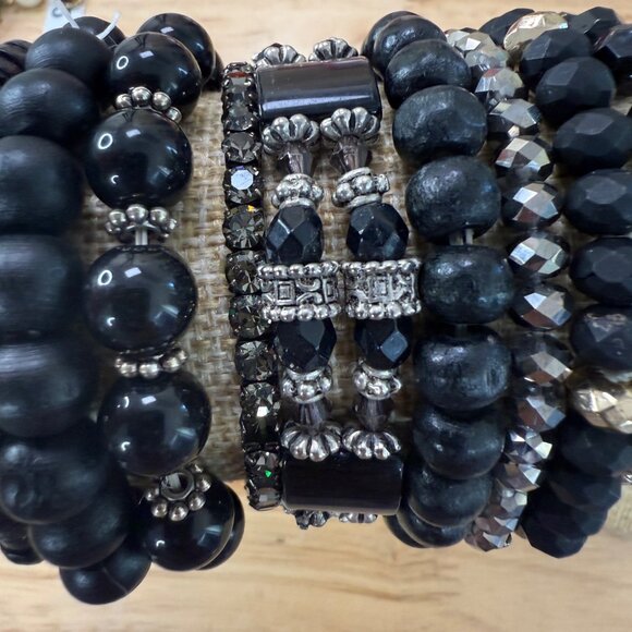 Black Beaded & Rhinestone Bracelet Stack Set Of 10 Stretchable For Wear Or Craft - Picture 4 of 10